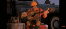 a construction worker is playing a guitar in front of a truck that says valve