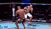 two men are fighting in a ufc ring with a venum logo on the ground