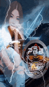 a woman is holding an eagle in front of a logo for pasukan billiard bersatu