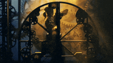 a woman is dancing in front of a clock with gears