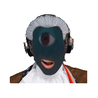 a man wearing headphones and a mask with a large eye on his face