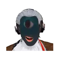 a man wearing headphones and a mask with a large eye on his face