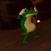 a green and white frog with a crown on its head is flexing its muscles
