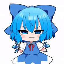 a cartoon character with blue hair and a blue bow