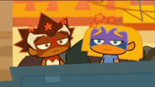 a couple of cartoon characters are standing next to each other and one has a purple mask on her head .