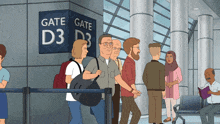 a group of people are standing in front of a gate d3 sign