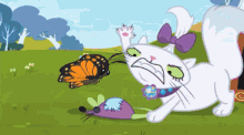 a cartoon cat playing with a butterfly and a mouse