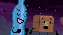 a cartoon of a bottle and a treasure chest with faces