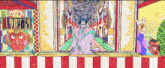 a cartoon drawing of a man in a kimono standing in front of a sign that says ' monkey ' on it