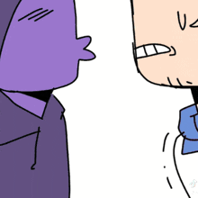 a cartoon of a man in a purple hoodie and a man in a blue jacket talking to each other .