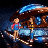 two cartoon boys are standing in front of a space ship
