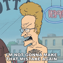 a cartoon character says i 'm not gonna make that mistake again in front of a building