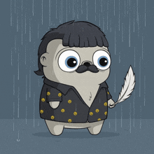 a cartoon of a pug wearing a jacket with smiley faces on it