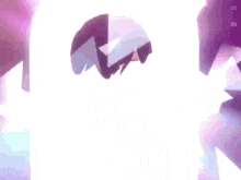 a 3d model of a girl with purple hair and blue eyes is standing in front of a white background .