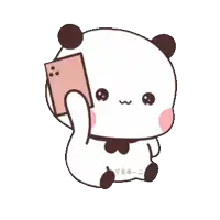 a cute cartoon panda bear is holding a cell phone