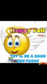 a smiley face with wings and the words happy fall