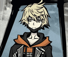 a drawing of a boy with a hoodie that says ter of jonib on it