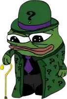 a green frog wearing a hat with a question mark