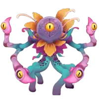 a colorful cartoon character with yellow eyes and a purple flower on its head