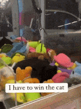 a bunch of stuffed animals in a machine with the words i have to win the cat on the bottom