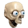 a cartoon skull with big blue eyes and a funny face .