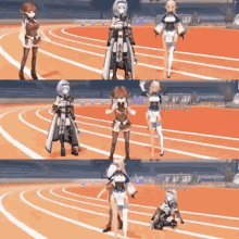 a group of anime characters are standing on top of a track .