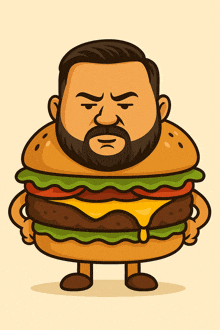 a cartoon drawing of a man with a beard standing next to a large hamburger