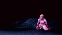 a cartoon character is kneeling down in front of a purple light