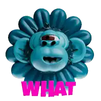 a blue flower with a monkey face and the word what above it