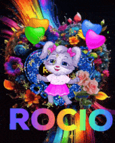 a picture of a rabbit with balloons and the name rocio on the bottom