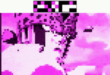 a pixel art of a purple background with a black and white checkered border .