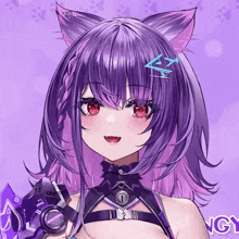 a girl with purple hair and red eyes is wearing headphones and a collar