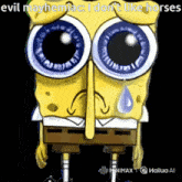 a cartoon of spongebob crying with the words " evil mayhemiac i don 't like horses "