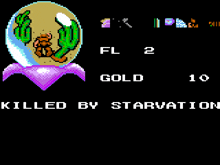 a video game screen that says " killed by starvation " on it