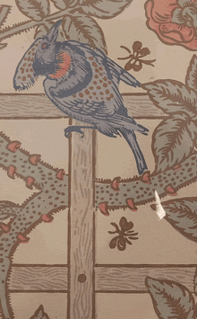 a painting of a bird sitting on a branch with thorns