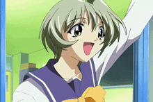 a cartoon girl with short hair and a yellow bow tie