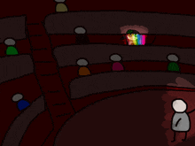 a cartoon drawing of a girl in a rainbow wig standing in front of a crowd of people