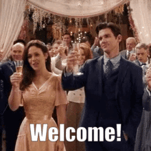 welcome to the team aboard gang group hearties wcth nathan grant elizabeth thornton hallmark love story hunk wedding reception cheers raise a glass a toast for sure you know it you got it