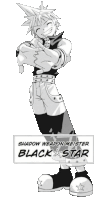 a black and white drawing of shadow weapon meister black star giving a thumbs down