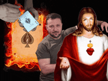 a man holding a playing card with a spade on it next to jesus