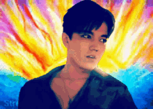 a pixel art of a man with a colorful background and the word stre on the bottom