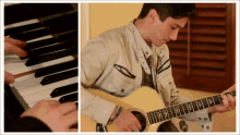a man playing a guitar next to a man playing a keyboard