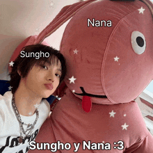 a pink stuffed animal with the words sungho and nana written on it