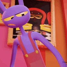 a purple cartoon character is standing in front of a framed painting