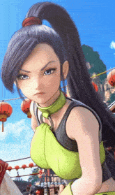 a cartoon girl with purple hair and a green top