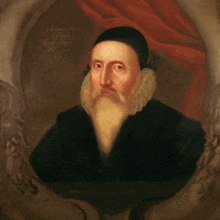 a painting of a man with a beard and a red curtain behind him that says ' johannes decr '