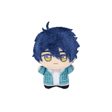 a stuffed animal with blue hair and yellow eyes