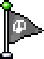 a pixel art drawing of a flag with a green sphere on top
