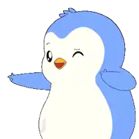 a blue and white penguin with the letter u on his chest