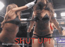two women in bikinis are fighting in a ring with the words shut up written in red